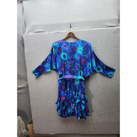 Vintage Gillian Silk Floral Print Ruffle Dress With Belt Size 14 Purple & Blue 3 - Picture 5 of 5